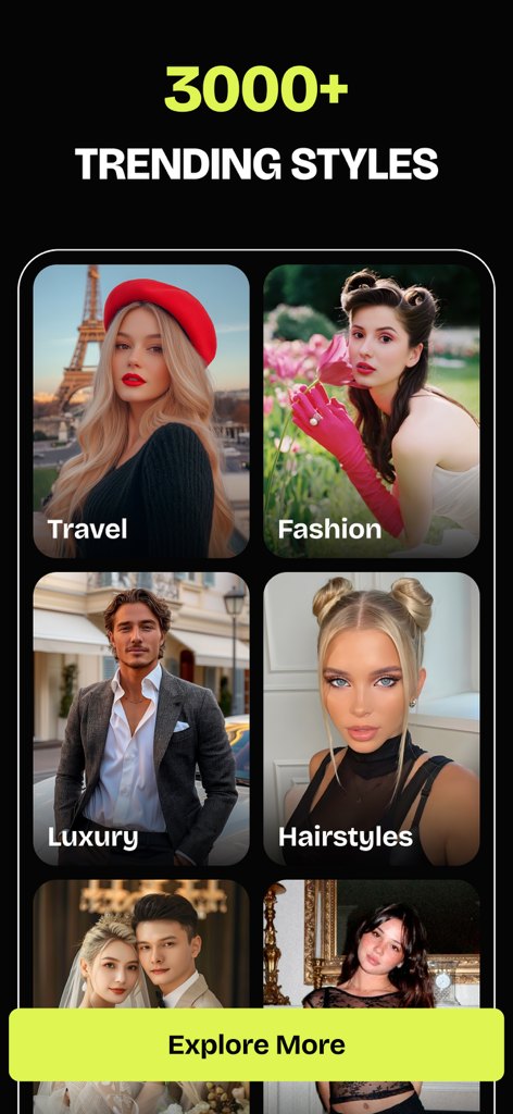 FaceSwap Studio: Video + Photo - FaceSwap Studio app interface showing over three thousand trending face swap styles and categories