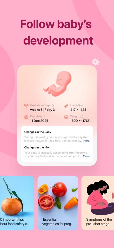 Wocute app interface showing pregnancy tracking with baby development statistics and health tips