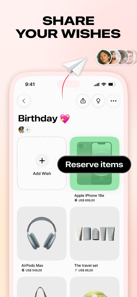 Listful app screen displaying a birthday wishlist with options to share lists and reserve gift items like an iPhone and AirPods.