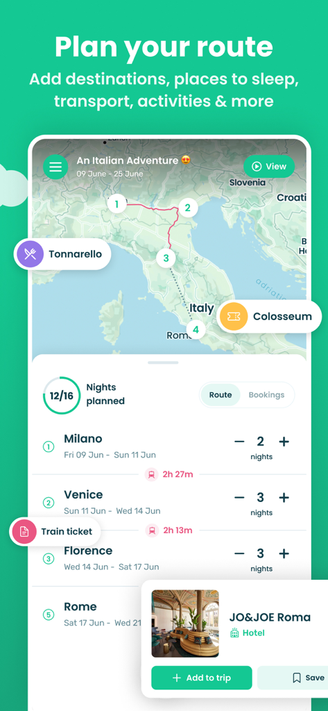 Oberfläche der Stippl-App, die eine Reise-Route-Karte von Italien und eine Liste von Mehrtagesreisen zeigt.