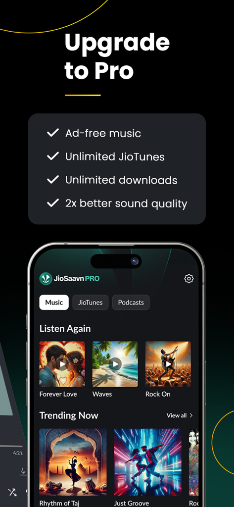 JioSaavn Proアップグレード画面。広告なしの音楽や無制限のダウンロードなどのプレミアム機能が表示されています