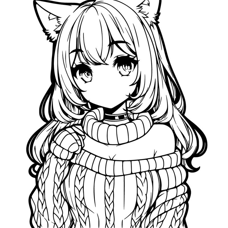 beautiful anime girl wearing a sweater with cat ears