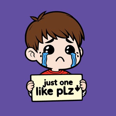 realistic crying boy with a sign saying just one like plz