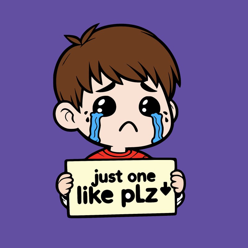 realistic crying boy with a sign saying just one like plz