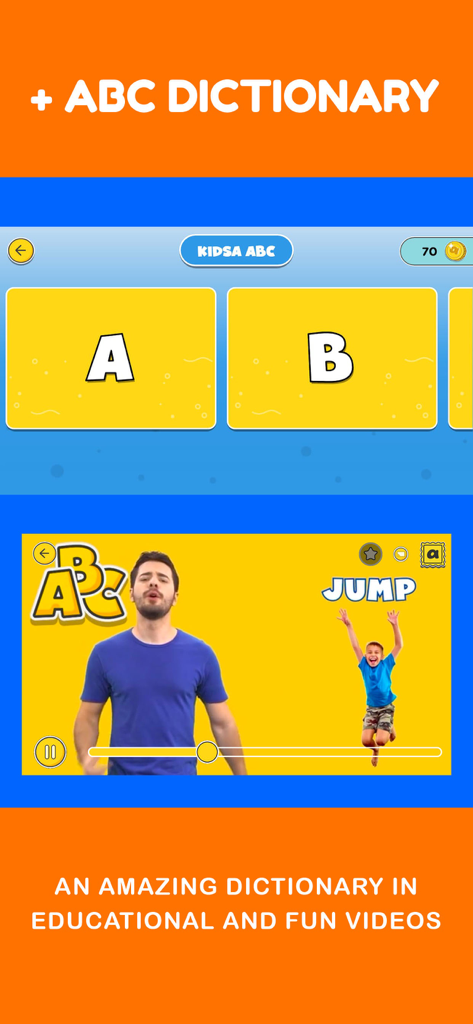 The First English - Kidsa English app screen showing the ABC dictionary feature with educational videos for children learning new words like jump