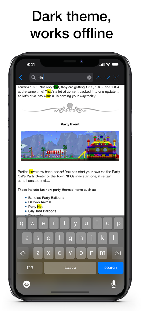 Schermata dell'iPhone che mostra Pocket Wiki per Terraria in modalità scura con risultati di ricerca attivi per oggetti da festa.