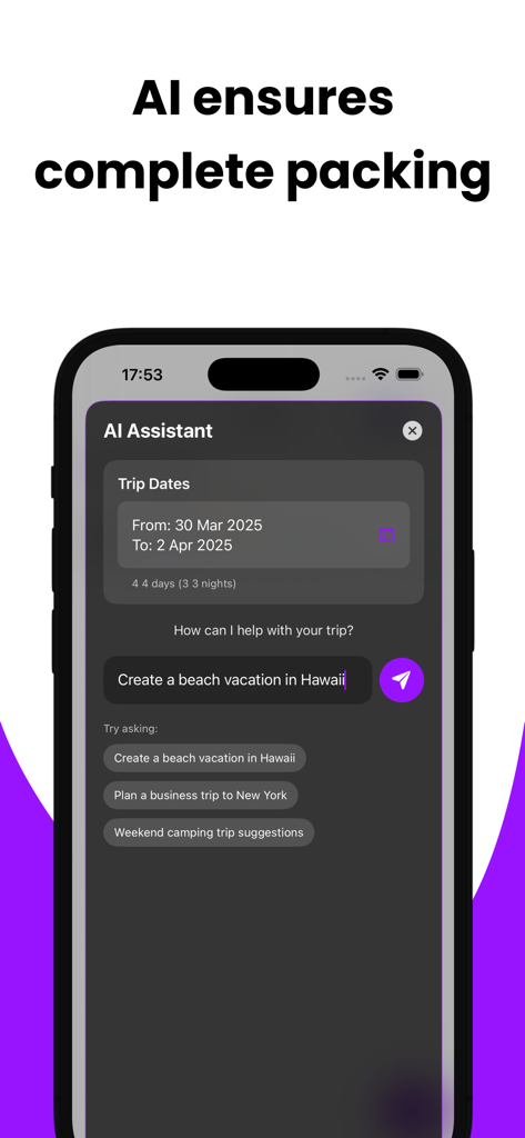 Packing List - Packy - Interface de l'assistant IA de l'application Packy montrant une invite pour créer une liste de bagages pour des vacances à la plage avec les dates du voyage.