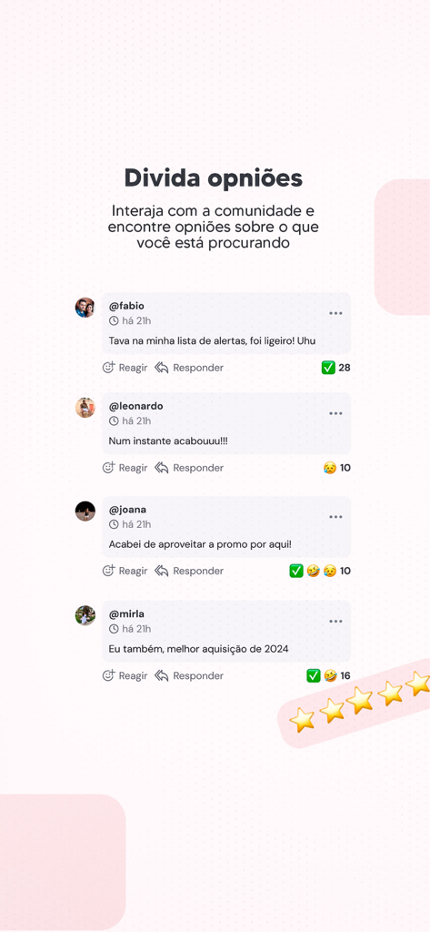 Pechinchou: Promoções e Cupons - Interfaz de la aplicación Pechinchou que muestra comentarios de usuarios e interacción comunitaria sobre ofertas de compras.