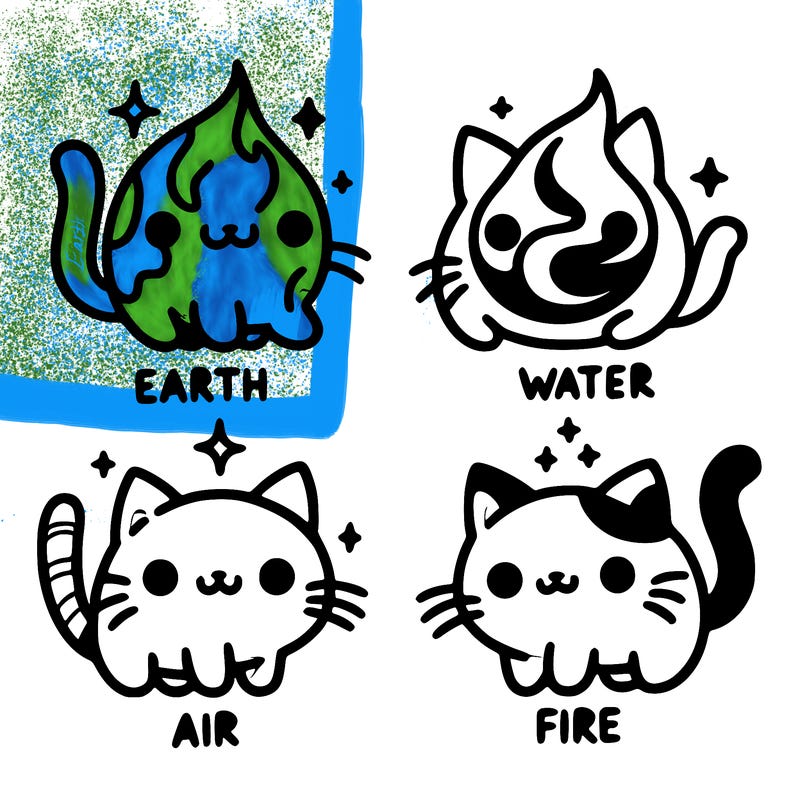 4 cats that represent the different elements, earth, water, air, and fire
