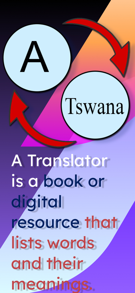 Introductory screen for English to Tswana translator app with a definition of a translator and language icons