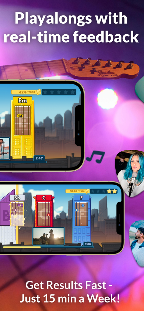 Harmony City: Guitar & Ukulele - Interfaz de smartphone de la aplicación Harmony City mostrando acompañamientos de guitarra con retroalimentación en tiempo real
