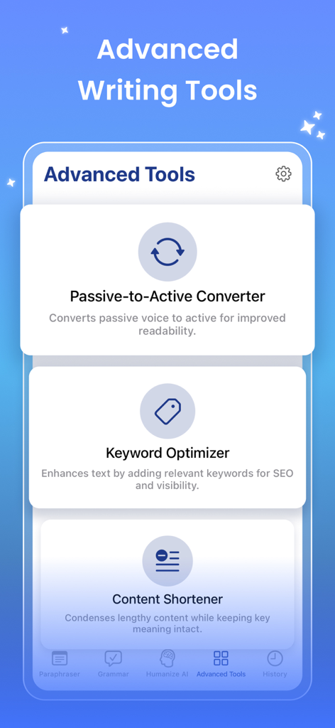 Rewrite: Paraphrase Tool - Advanced writing tools screen in the Rewrite app showing keyword optimizer and content shortener features