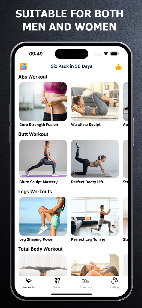Six Pack in 30 Days - Interface of the Six Pack in 30 Days app showing workout categories for abs butt and legs