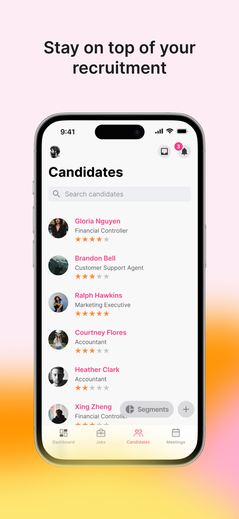Teamtailor - Teamtailor mobile app interface showing a list of job candidates with profile photos and star ratings.