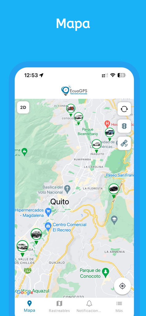 EcuaGPS - Map interface of the EcuaGPS app showing real-time locations of tracked vehicles.