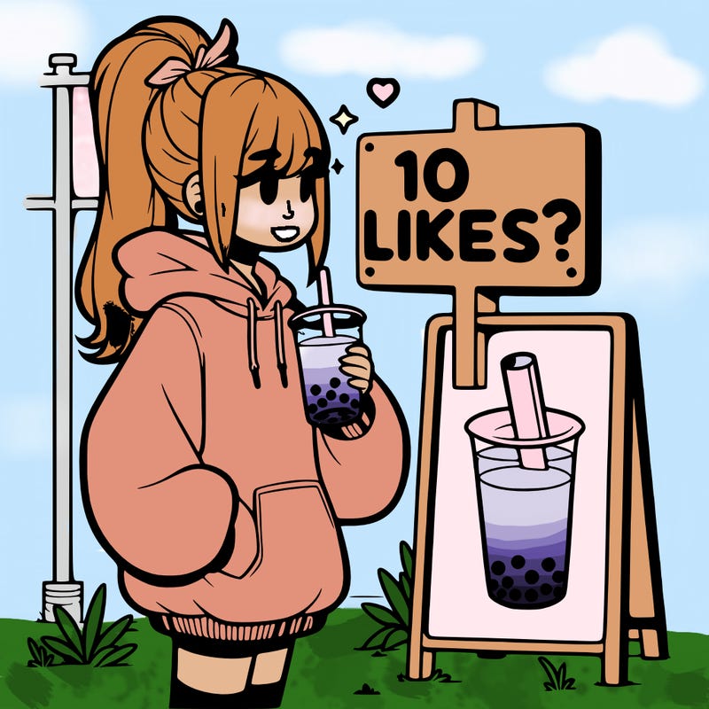 girl with oversized hoodie drinking boba and she has a high ponytail with a sign that says 10likes?