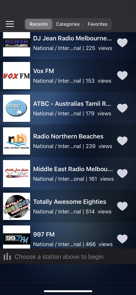 Interface of Radio Australia app displaying a list of various Australian radio stations with their logos and view counts.