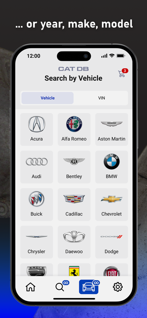 Cat DB app search screen showing car manufacturer logos for vehicle identification