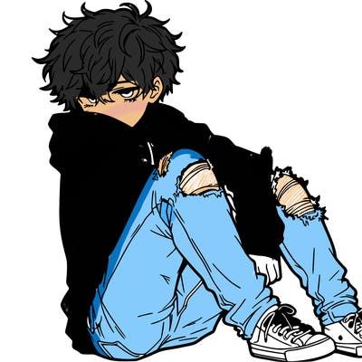 a male hoddie ripped jeans messy hair anime