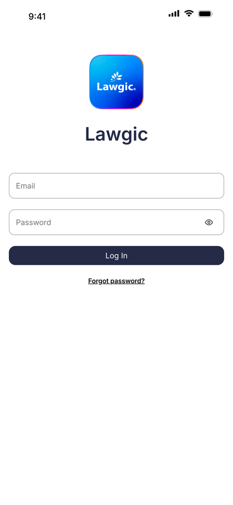 Lawgic - Login page of the Lawgic mobile app for law students featuring email and password entry fields