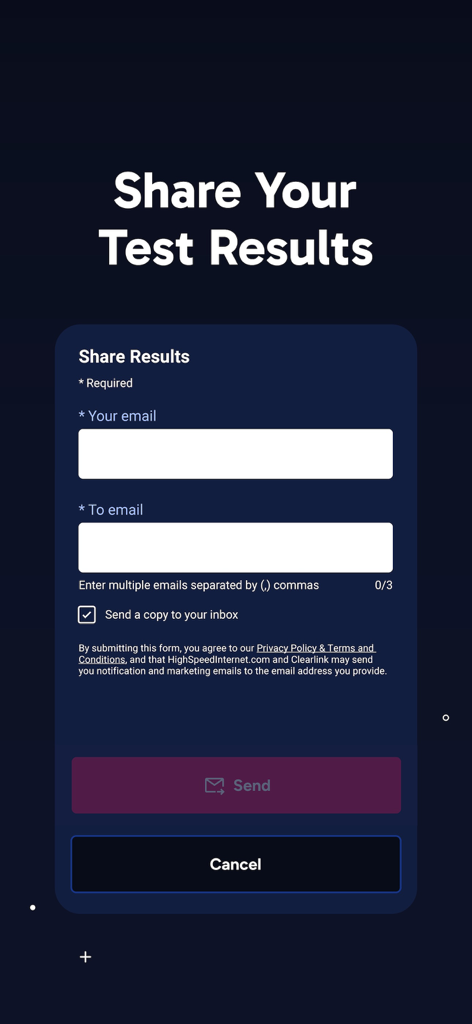 Sharing results screen for internet speed test showing email form fields to send data to recipients.