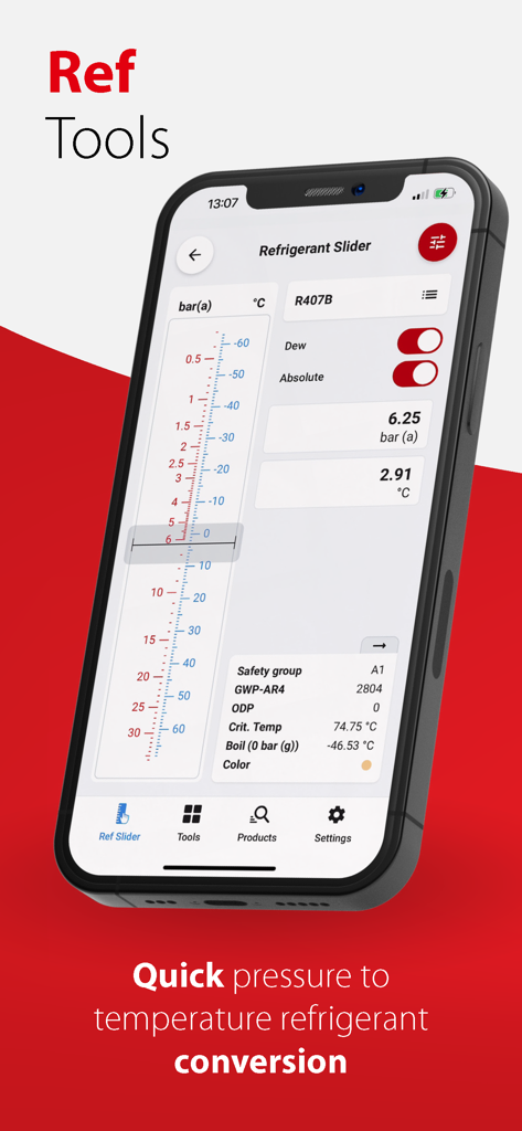 Ref Tools app interface showing the Refrigerant Slider for quick pressure to temperature conversion
