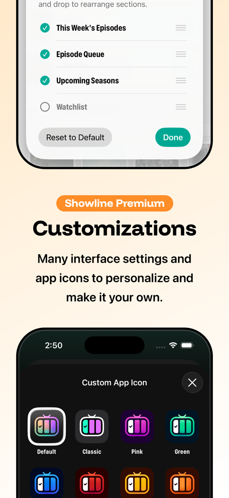 Showline: TV & Movie Tracker - Showline app premium customization options for app icons and interface sections