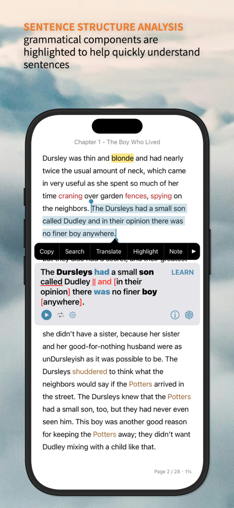 Ein Screenshot der TingYue-App, der eine Satzstruktur-Analyse-Funktion zeigt, die grammatikalische Komponenten in einem englischen Roman hervorhebt.