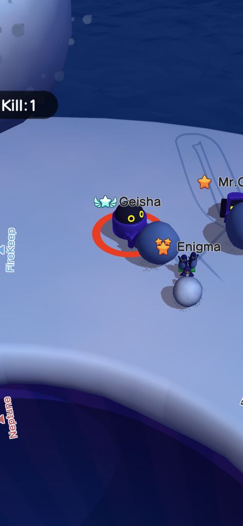 Um personagem robô roxo chamado Geisha rolando uma bola de neve azul em uma partida competitiva de Snowball.io.