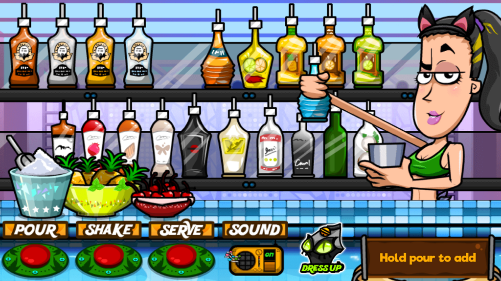 Bartender Perfect Mix - Un personaje de camarera de dibujos animados con cabello verde sosteniendo un cóctel en una barra con varias botellas de alcohol y botones de juego como servir, agitar y presentar.
