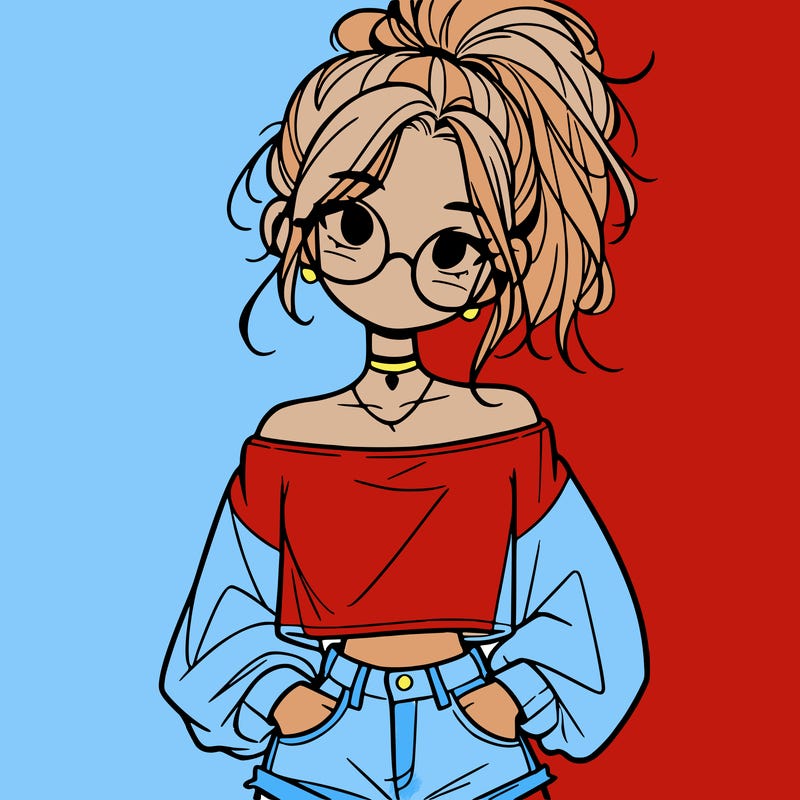 girl with a messy ponytail glasses a baggy crop top and jean shorts