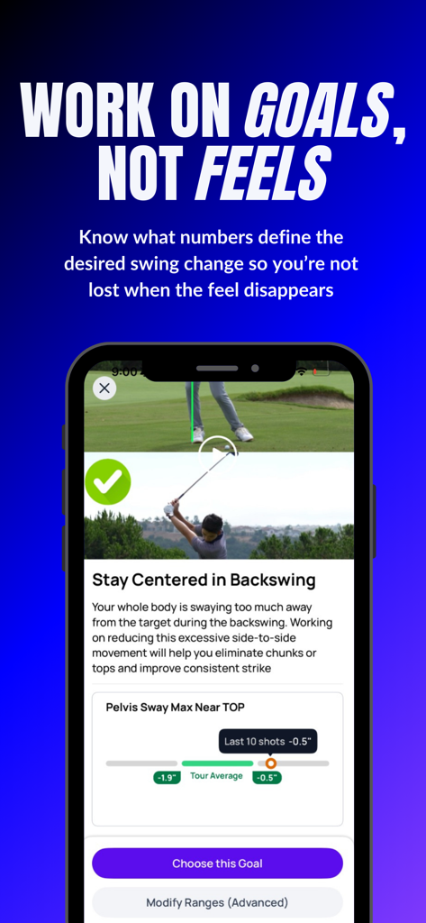 Sportsbox 3D Golf app screen showing data-driven swing goals and pelvis sway analysis compared to tour averages.