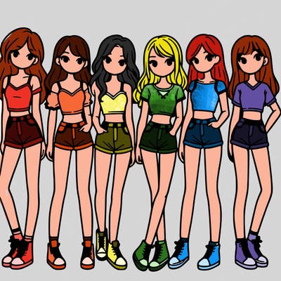 a group of girls wearing crop tops and shorts