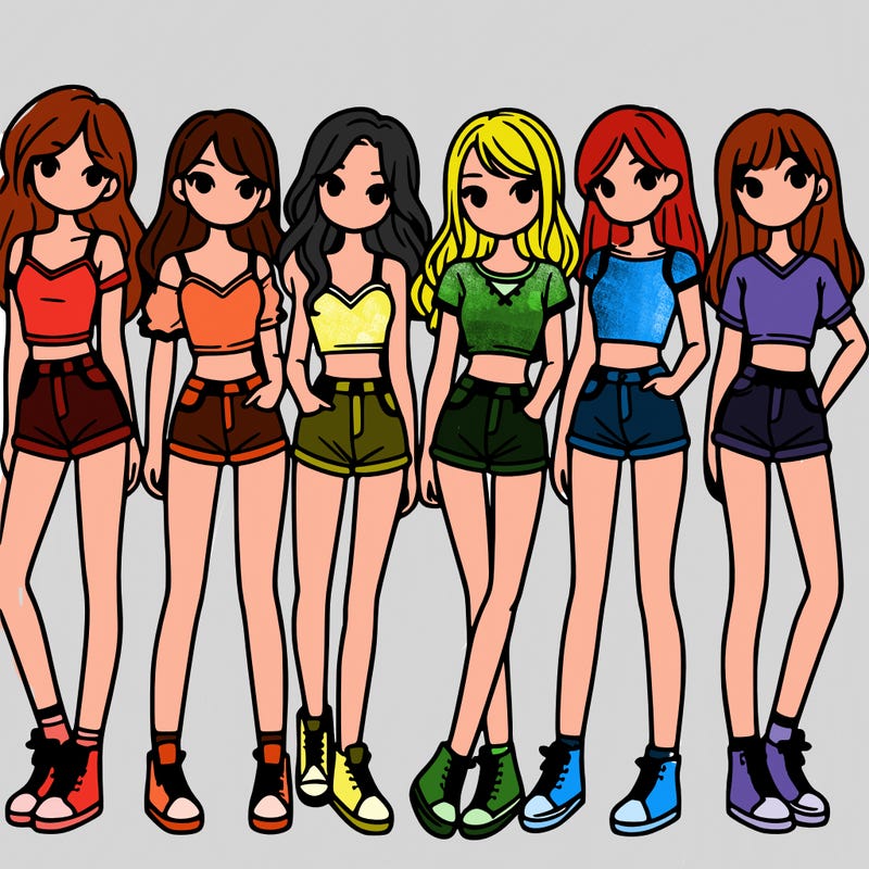 a group of girls wearing crop tops and shorts