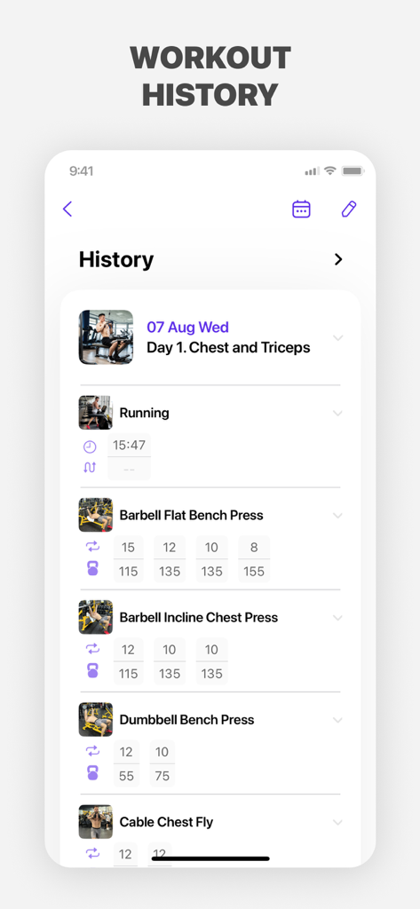 A mobile app screen displaying a detailed workout history log with exercises sets reps and weights.
