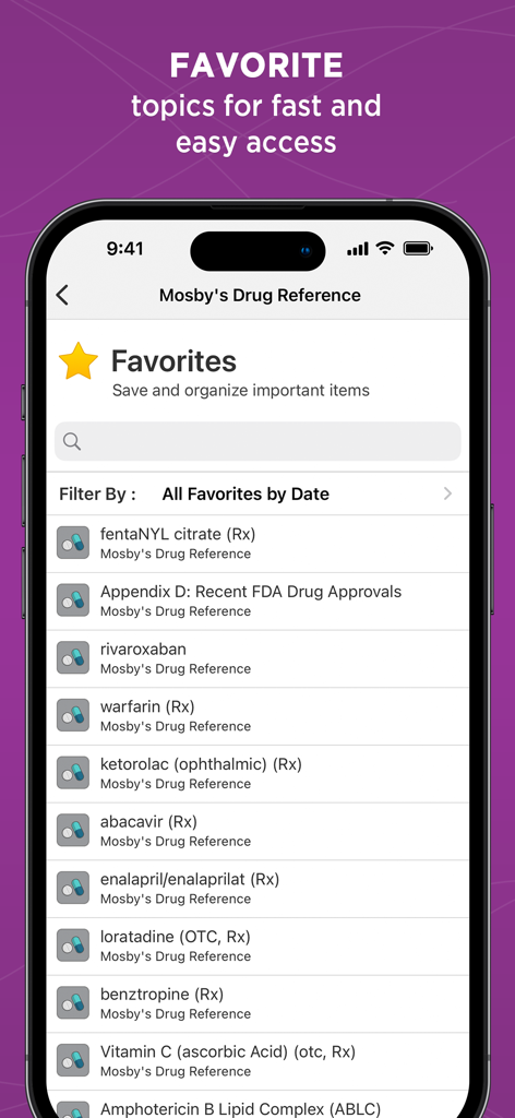 빠른 액세스를 위해 저장된 의료 약물 목록을 표시하는 Mosby's Drug Reference 앱의 즐겨찾기 화면.