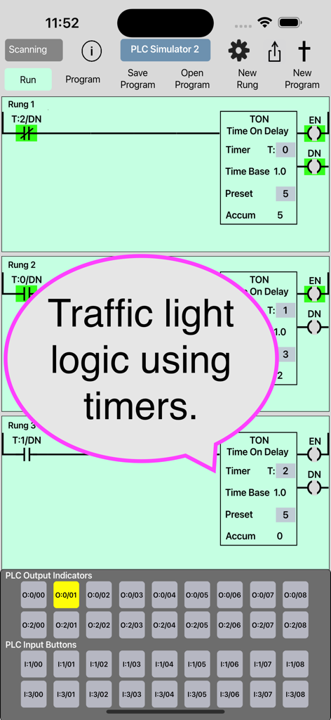 PLC Simulator 2インターフェイスには、ラダーロジックラングを使用した信号機ロジックのタイマーが表示されています
