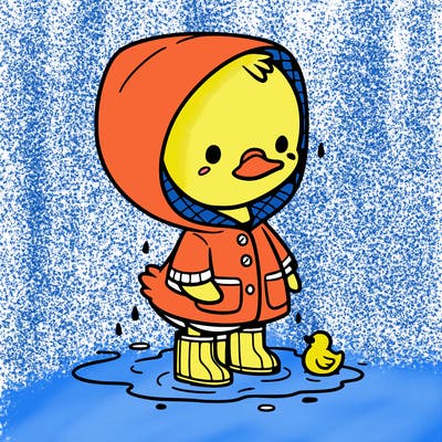 baby duck in a rain coat and boots, in a puddle while it’s raining