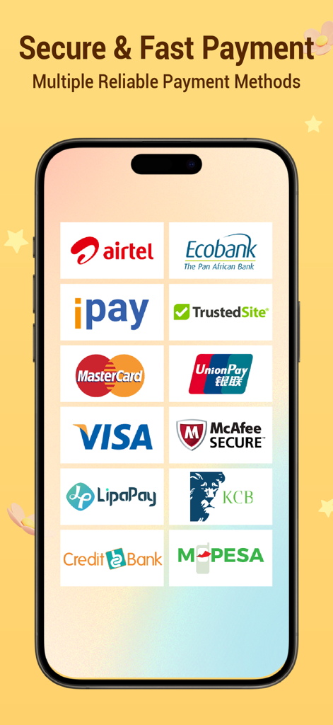 Kilimall - Affordable Shopping - Kilimall app screen displaying multiple secure and fast payment options including M-Pesa Visa and Mastercard