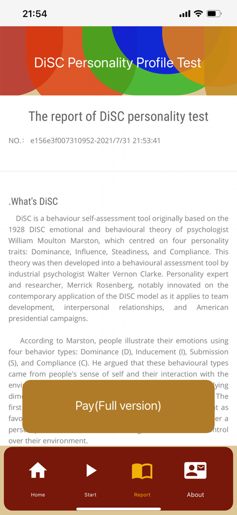 Psychological test-DiSC test - DiSC性格診断テストアプリのレポート画面。方法論の説明とフルバージョンの購入ボタンが表示されています。