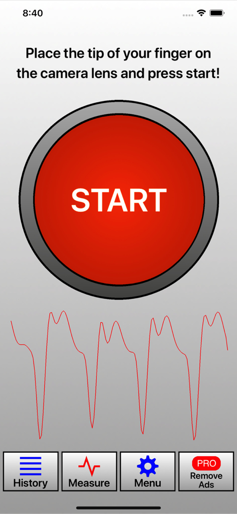 Heart Rate Monitor: HR App - Interface d'application de moniteur de fréquence cardiaque pour iPhone avec un grand bouton rouge de démarrage et un graphique de pouls en temps réel.