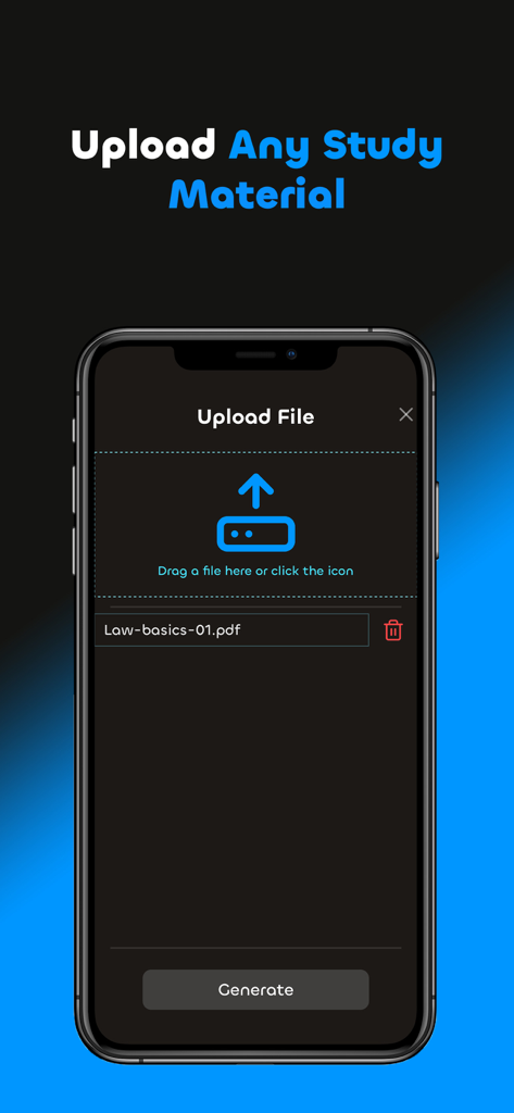 Skillion: Study Smarter - Pantalla de la aplicación Skillion mostrando la interfaz de carga de archivos para materiales de estudio
