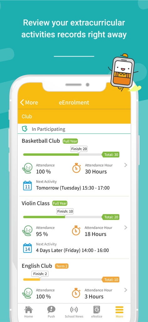 O ecrã de eEnrolment do eClass Student App exibindo registos de atividades extracurriculares e assiduidade