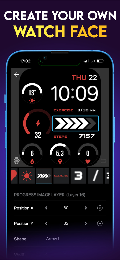 Watch Faces App - Watchmaker - A mobile app interface displaying a watch face editor with health and fitness complications