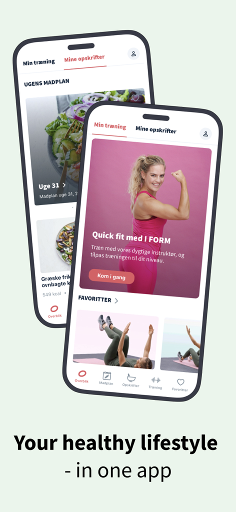 Dois iPhones exibindo a interface do aplicativo de fitness e receitas IFORM com telas de treino e plano de refeição