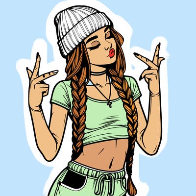 realistic teenage girl with braids and a beanie and crop top doing 🫶🏼