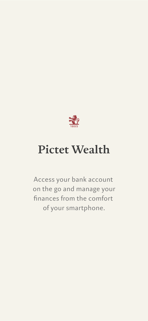 Pictet Wealth - Pictet Wealth app welcome screen showing the bank logo and introductory message.