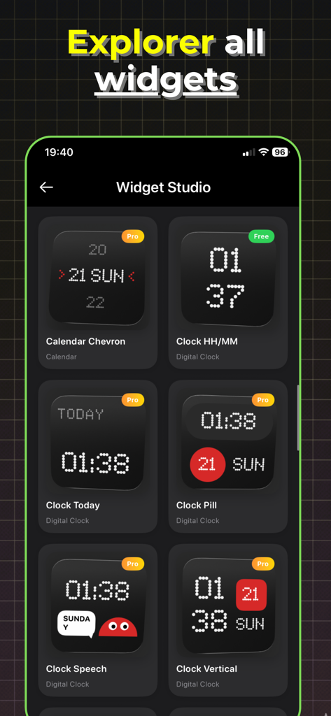 A collection of digital clock and calendar widget styles for the AutoDash app.