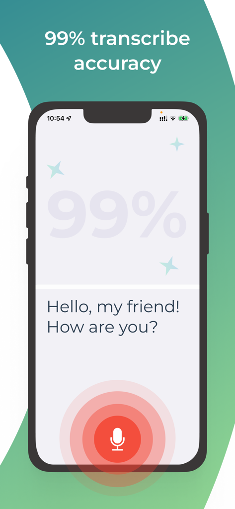 Translate Duo Live Translator - Smartphone screen displaying Translate Duo app with ninety-nine percent transcription accuracy and real-time voice recognition