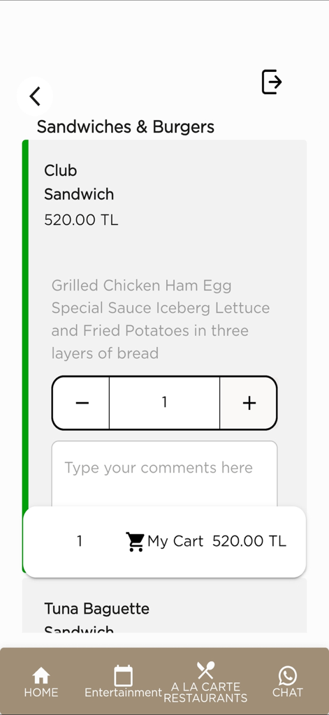 Elexus Hotel & Resort & Spa - Elexus Hotel app screen showing room service menu for a club sandwich with pricing and cart